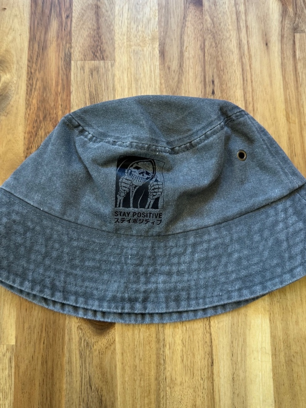 NEW - "Stay Positive" Grim Reaper Japanese gray bucket hat